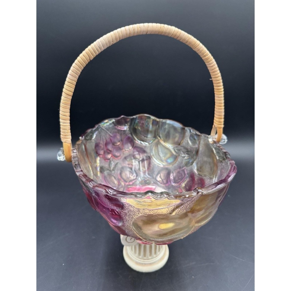 Vtg Indiana Glass Fruit Bowl Wicker Rattan Handle Iridescent Oval